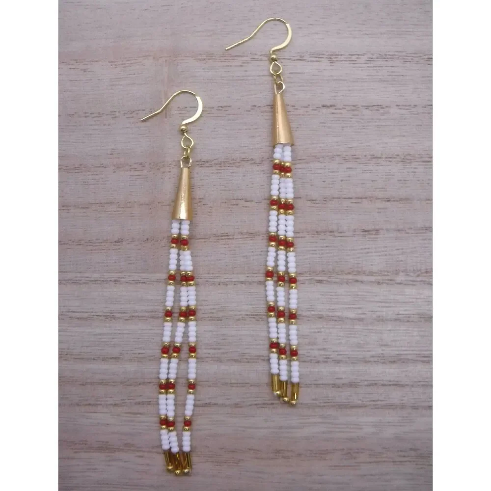 Earrings Beaded White, Red & Gold
